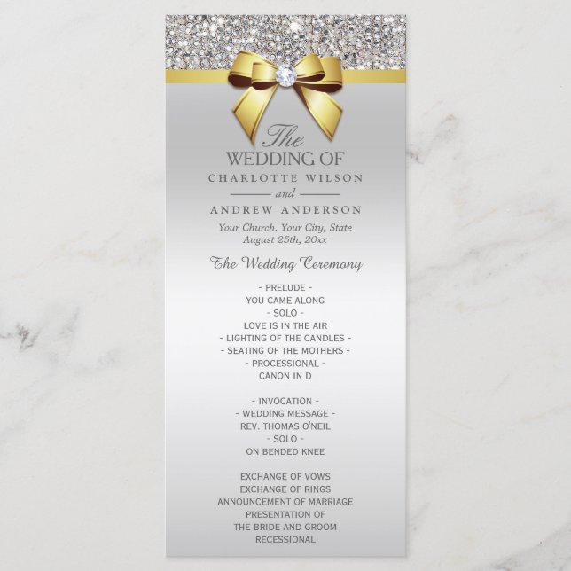 Silver Sequins Gold Diamond Bow Wedding Program Programme (Front)