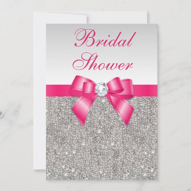 Silver Sequins Hot Pink Bow Bridal Shower Invitation (Front)