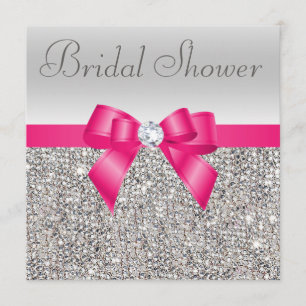 Silver Sequins Hot Pink Bow Diamond Bridal Shower Invitation