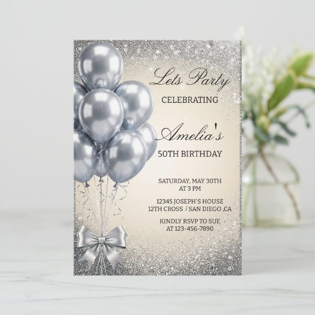 Silver Sequins Let's Birthday Party Invitation (Standing Front)