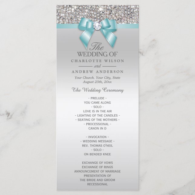 Silver Sequins Light Teal Bow Wedding Program Programme (Front)