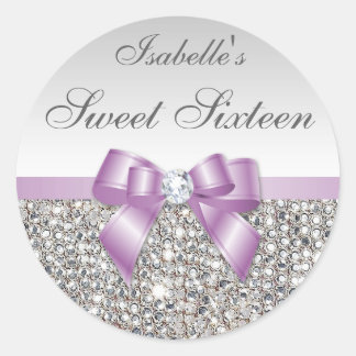 Silver Sequins Lilac Bow Diamond Sweet Sixteen Classic Round Sticker