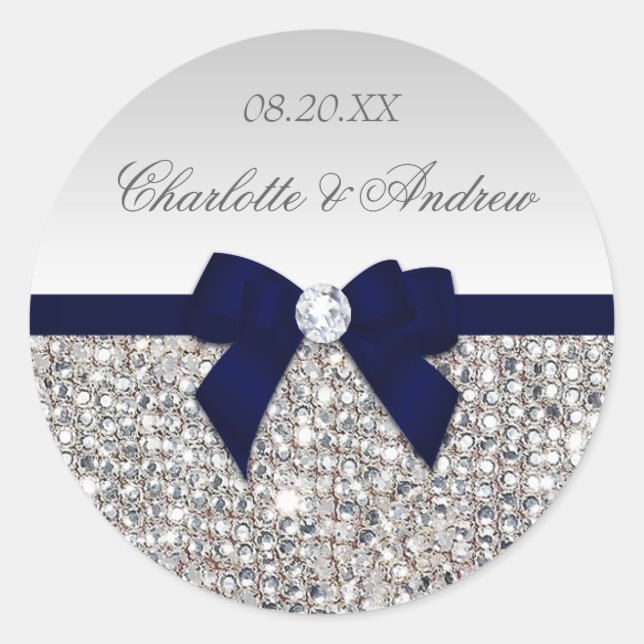 Silver Sequins Navy Bow and Diamond Wedding Classic Round Sticker (Front)