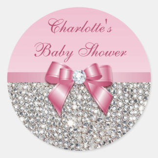Silver Sequins Pink Bow Diamond Baby Shower Classic Round Sticker