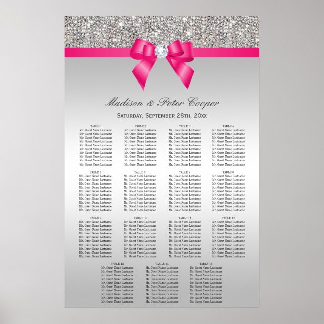 Silver Sequins Pink Bow Wedding Seating Chart (Front)