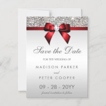 Silver Sequins Red Bow Save The Date Wedding