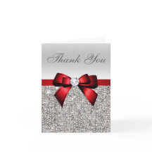 Silver Sequins Red Diamond Bow Thank You