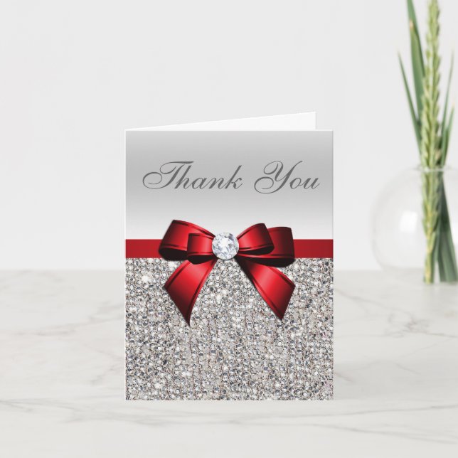 Silver Sequins Red Diamond Bow Thank You Card (Front)