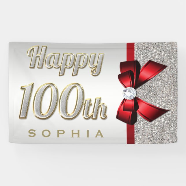 Silver Sequins Red Faux Bow 100th Birthday Banner (Horizontal)