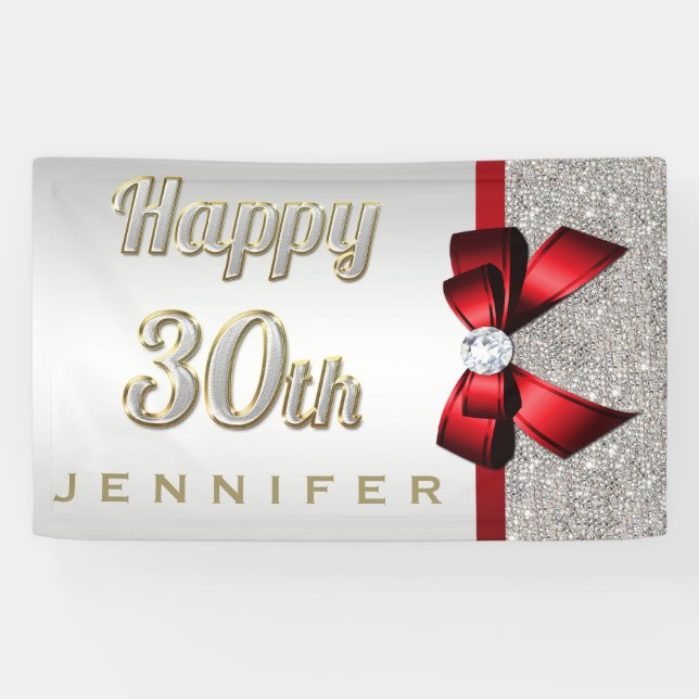 Silver Sequins Red Faux Bow 30th Birthday Banner (Horizontal)