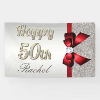 Silver Sequins Red Faux Bow 50th Birthday Banner