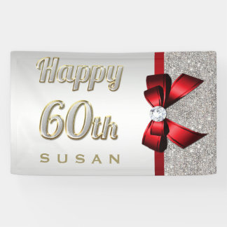 Silver Sequins Red Faux Bow 60th Birthday Banner