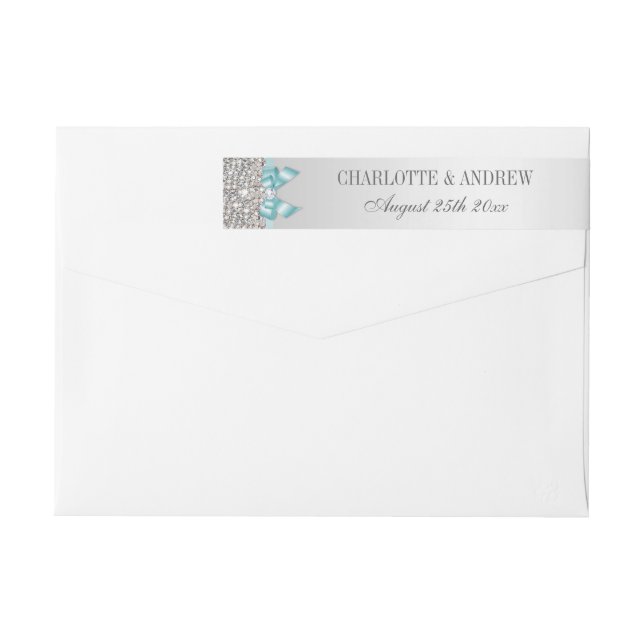 Silver Sequins Teal Blue Bow and Diamond Wrap Around Label (Back)