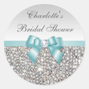 Silver Sequins Teal Bow Diamond Bridal Shower Classic Round Sticker