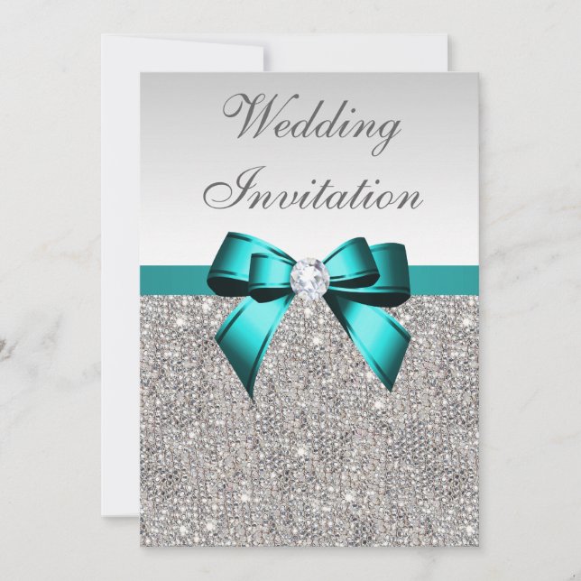 Silver Sequins Vibrant Teal Diamond Bow Wedding Invitation (Front)
