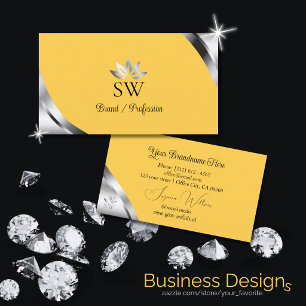 Silver Shimmer Corners on Orange Leafy Monogram Business Card