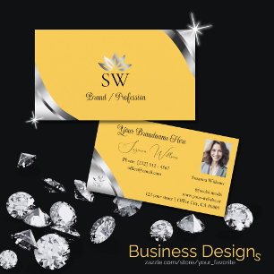 Silver Shimmer Corners on Orange Monogram Photo Business Card