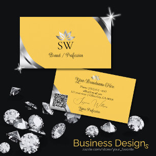 Silver Shimmer Corners on Orange Monogram QR Code Business Card