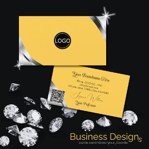 Silver Shimmer Corners on Orange with Logo QR Code Business Card