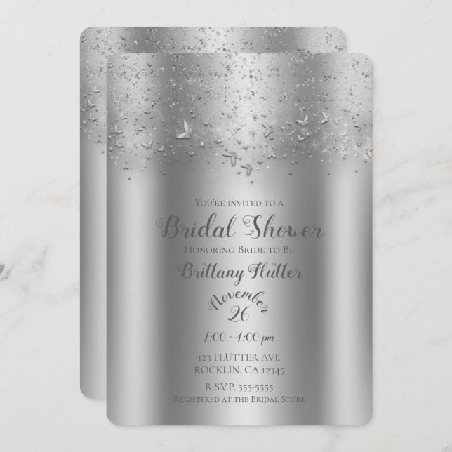 Silver Shimmer Flutter Butterfly Bridal Shower Invitation (Front/Back)