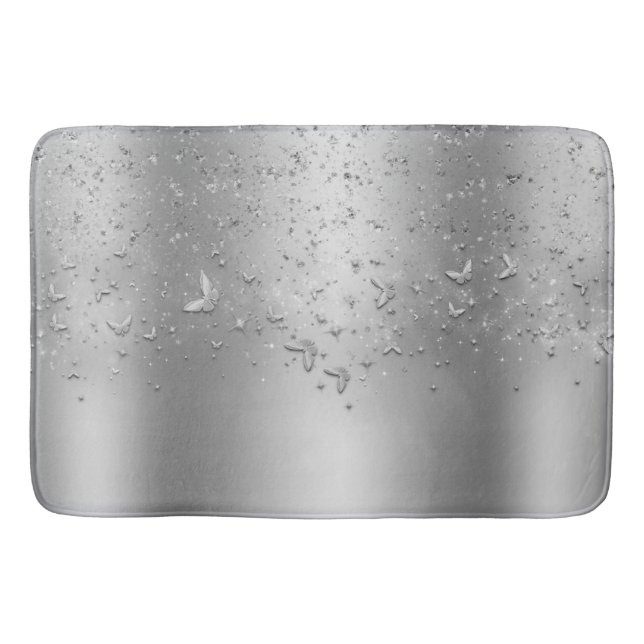 Silver Shimmer Sparkle Flutter Butterfly Bath Mat (Front)