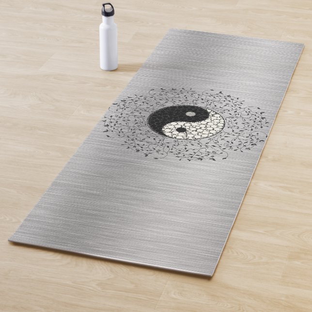 Silver Shimmery Leaf Wreath Yin Yang Yoga Mat (In Situ)