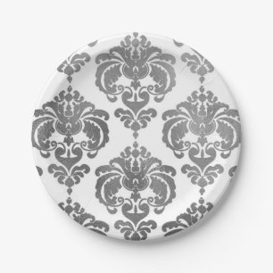 Silver Shine & White Damask Vintage Wedding Event Paper Plate