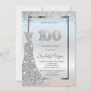 Silver Shiny Diamonds Dress Silver 100th Birthday Invitation