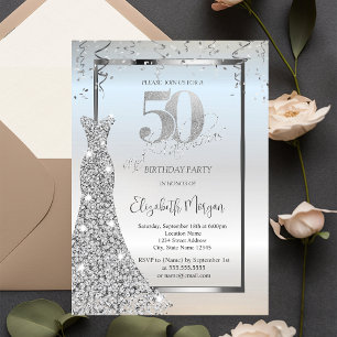 Silver Shiny Diamonds Dress Silver 50th Birthday Invitation