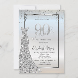 Silver Shiny Diamonds Dress Silver 90th Birthday Invitation