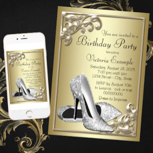 Silver Shoe Ivory Gold Birthday Party Invitation
