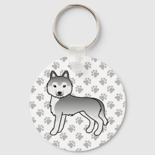 Silver Siberian Husky Cartoon Dog & Paws Key Ring