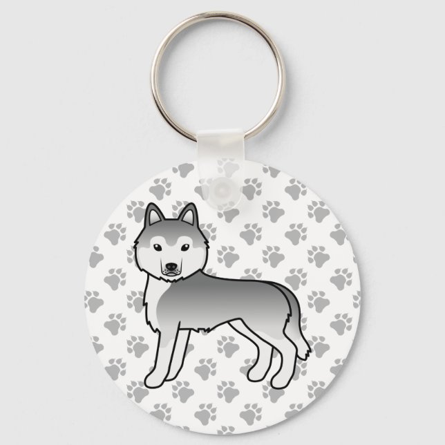 Silver Siberian Husky Cartoon Dog & Paws Key Ring (Front)