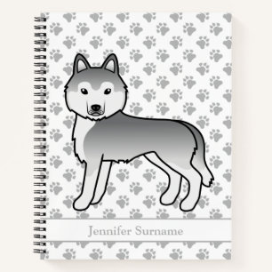 Silver Siberian Husky Cartoon Dog & Text Notebook