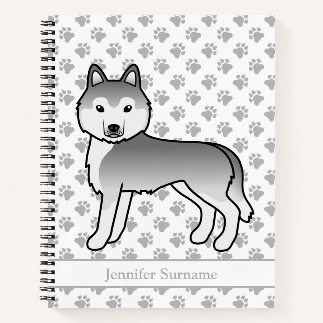 Silver Siberian Husky Cartoon Dog & Text Notebook (Front)