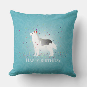 Silver Siberian Husky Dog Happy Birthday Design Cushion