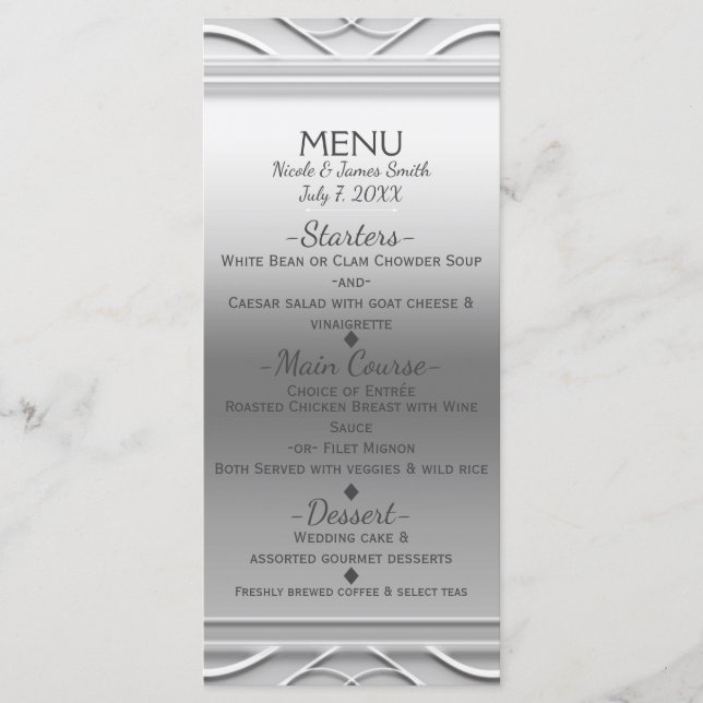 Silver Simple Elegant Chic Wedding Menu Card (Front)