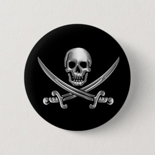 Silver Skull and Crossed Swords 6 Cm Round Badge