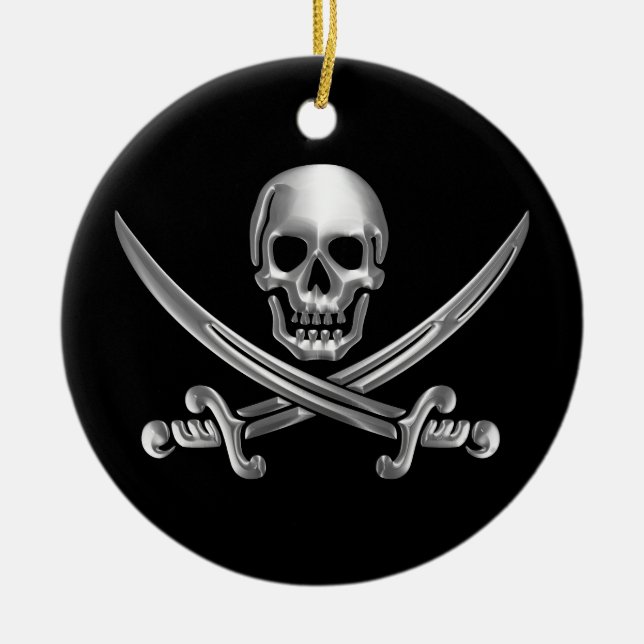 Silver Skull and Crossed Swords Ceramic Tree Decoration (Front)