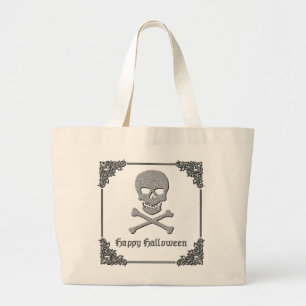 Silver Skull & Crossbones Halloween Large Tote Bag
