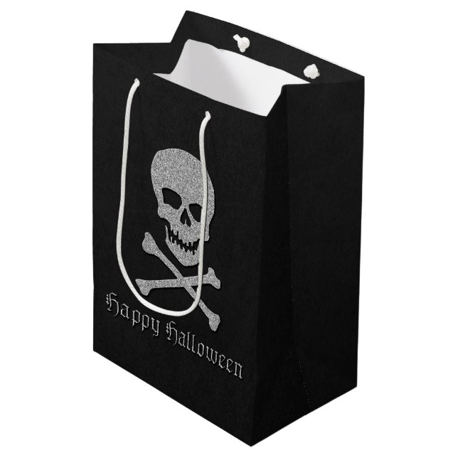 Silver Skull & Crossbones Halloween Medium Gift Bag (Front Angled)