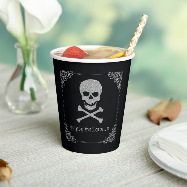 Silver Skull & Crossbones Halloween Paper Cups (Insitu)