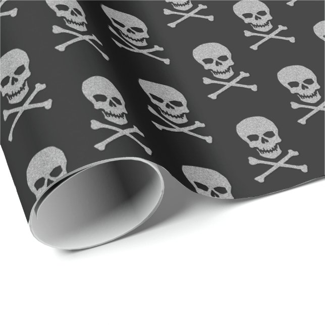 Silver Skull & Crossbones Halloween Wrapping Paper (Roll Corner)