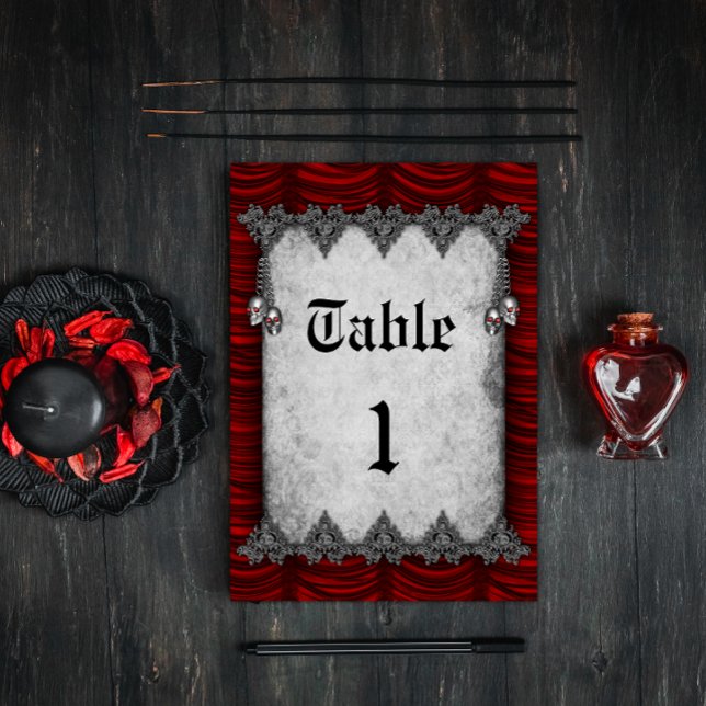 Silver Skulls Blood Red Silk Gothic Wedding Table Number (Creator Uploaded)