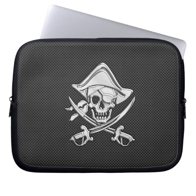 Silver Smiling Pirate on Carbon Fiber Style Laptop Sleeve (Front)