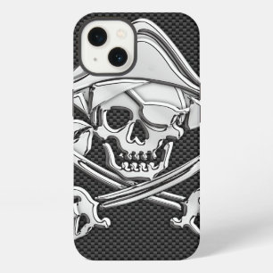 Silver Smiling Pirate on Carbon Fibre Style iPhone 13 Case