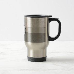 Silver Snow Floral Wisps & Stripes with Monogram Travel Mug