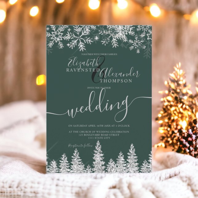 Silver snow pine Christmas winter green wedding Invitation (Silver snow pine Christmas winter green wedding Invitation)