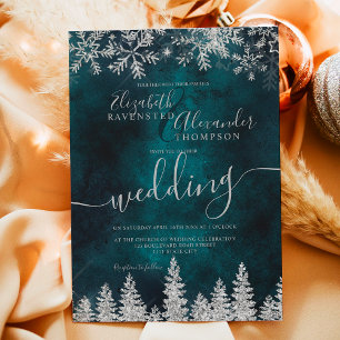 Silver snow pine green Christmas winter wedding Invitation