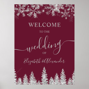 Silver snow pine red Christmas winter wedding Poster
